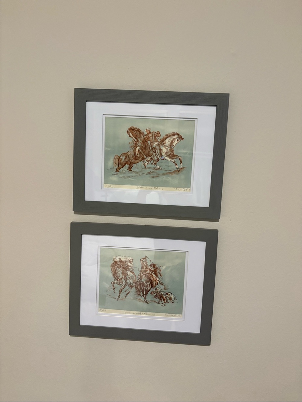 Unique Father’s Day Gift    Set of 2 Equestrian Art Lithographs in Gray Frames -